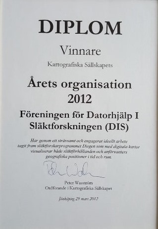 DIS fick 2012 Kartografiska Sällskapets utmärkelse Årets Organisation
