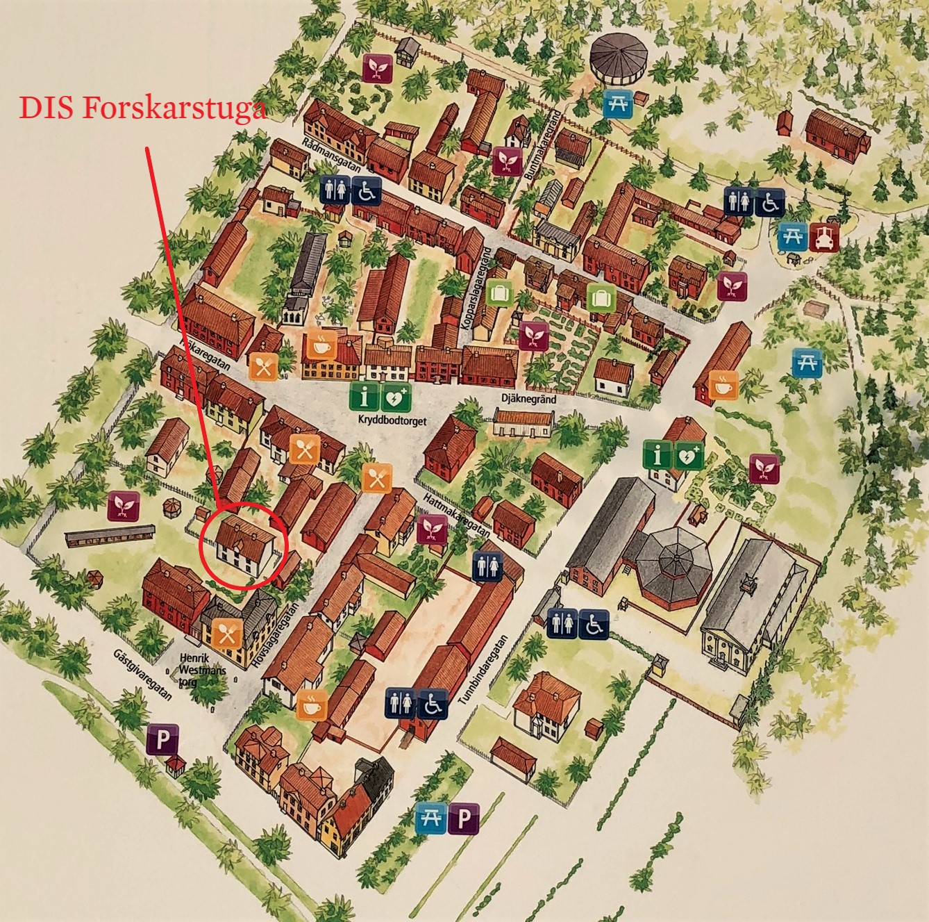 Forskarstugans placering i Gamla Linköping