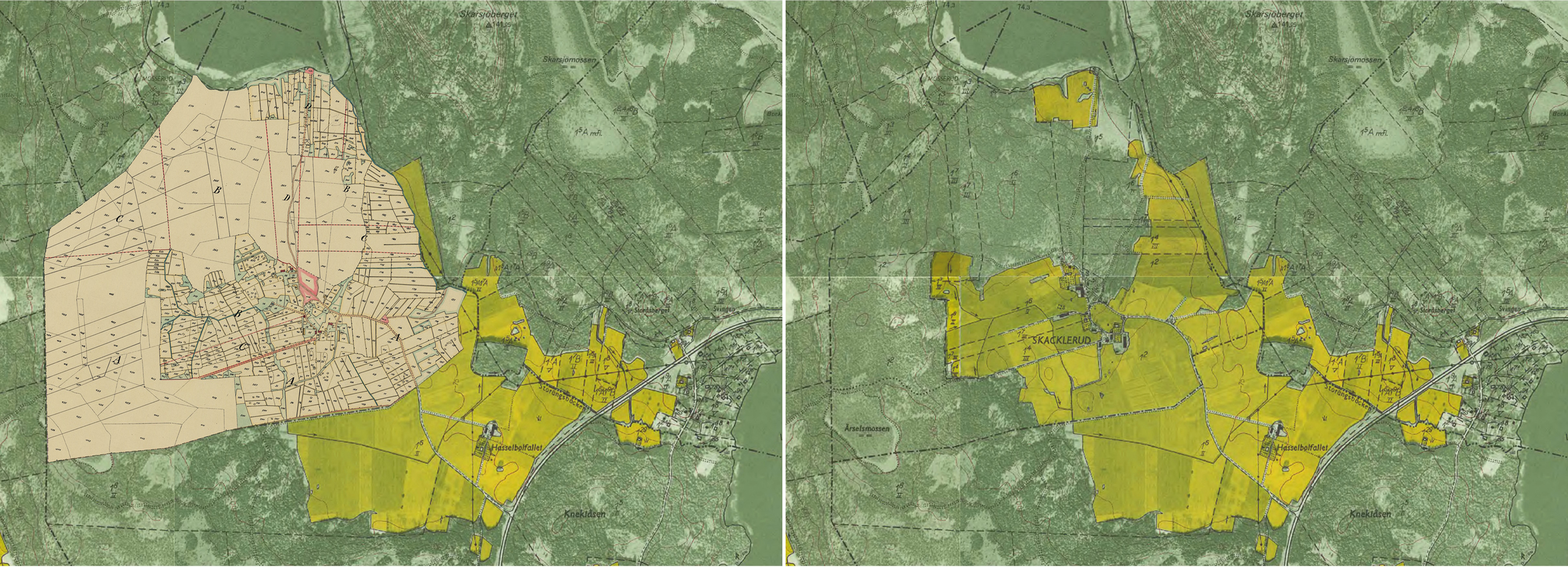 Jämförelse mellan karta med anpassad Laga skifteskarta mot ekonomiska kartan utan Laga skifteskarta.