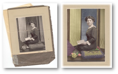 Redigerat foto av kvinna sittande i fönster med bok i knät - före och efter
