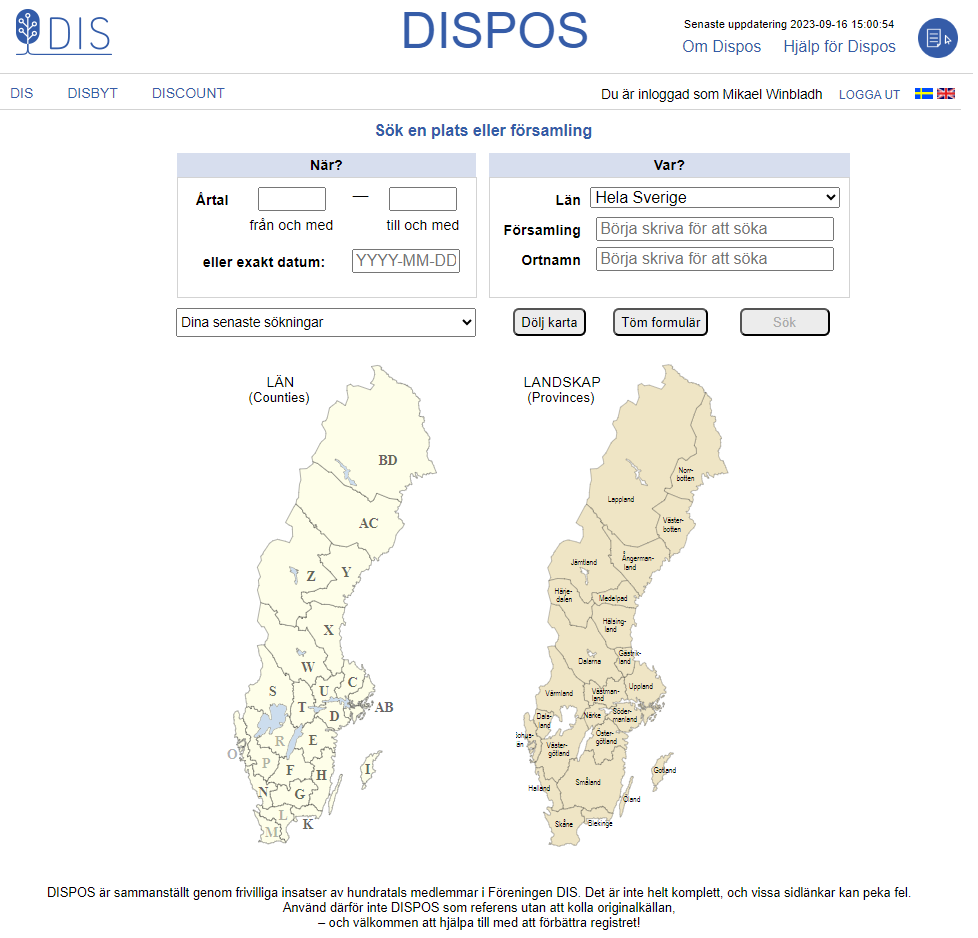 Dispos startsida med tomt sökformulär.