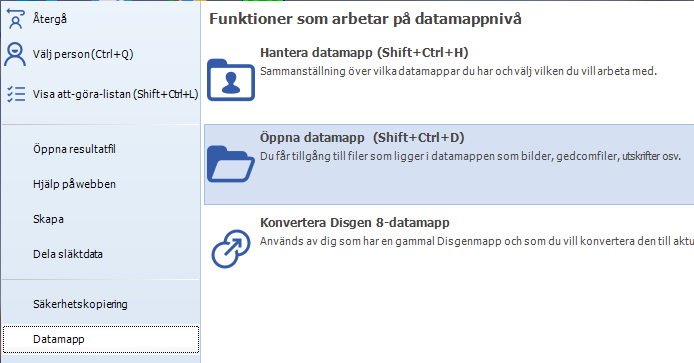 Öppna datamapp i Arkiv-menyn.