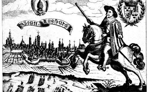 Hyllningsgravyr med anledning av Gustav II Adolfs "befriarens" intåg i Augsburg 1632. Överst två sköldar med Augusburgs statsvapen (vänster) och svenska riksvapnet.