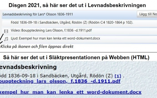 Länkade dokument i levnadsbeskrivningen respektive släktpresentationen.