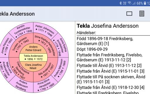 Vy av appen Släkten i Android mobiltelefon.