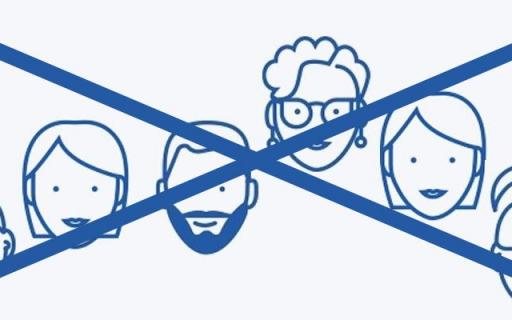 Tecknade ansikten på man och kvinnor i flera generationer med ett blått kryss över