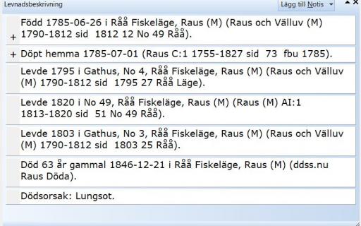 Visar en levnadsbeskrivning med 7 notiser