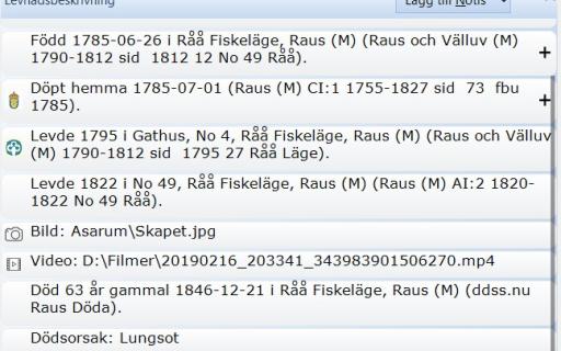 Visar en levnadsbeskrivning med 8 notiser