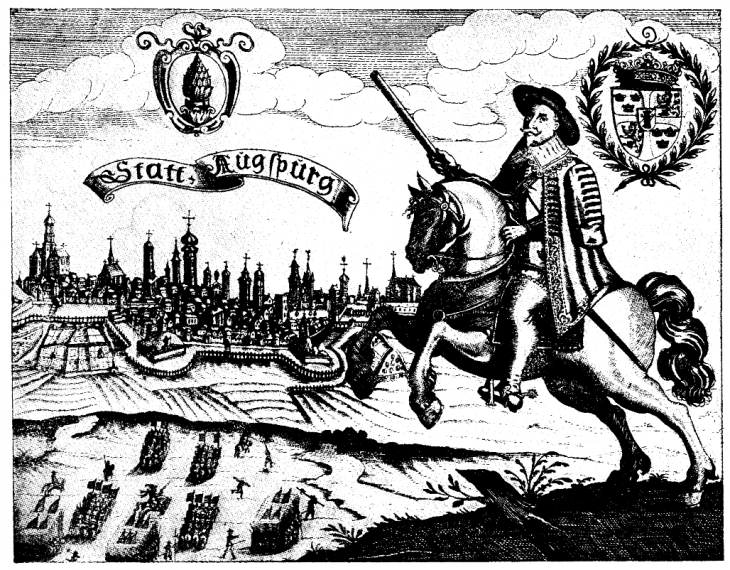 Hyllningsgravyr med anledning av Gustav II Adolfs "befriarens" intåg i Augsburg 1632. Överst två sköldar med Augusburgs statsvapen (vänster) och svenska riksvapnet.