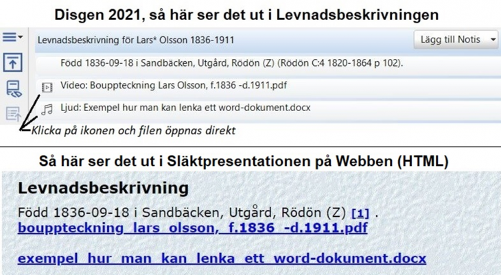 Länkade dokument i levnadsbeskrivningen respektive släktpresentationen.