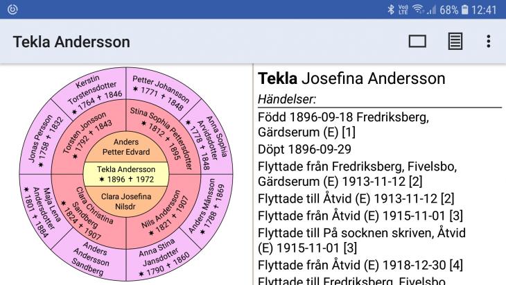 Vy av appen Släkten i Android mobiltelefon.