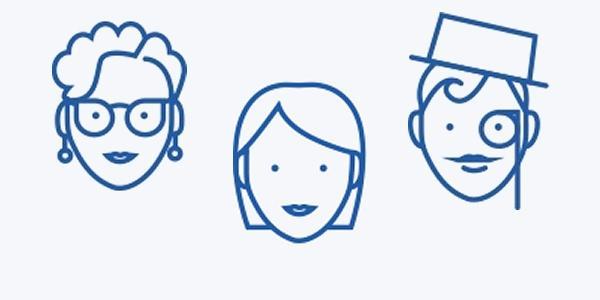 Tecknade ansikten på en mor i glasögon, ett barn och en far med monockel