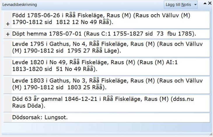 Visar en levnadsbeskrivning med 7 notiser